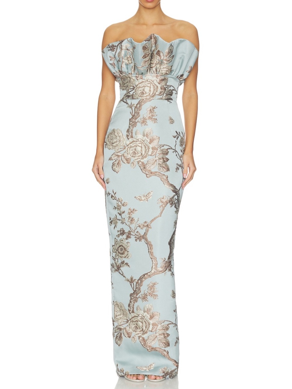 Sau Lee Noah Brocade Off-Shoulder Floral Maxi Dress in Light Blue